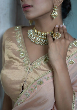 Gold zari tissue embroidered blouse and saree