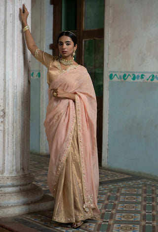 Gold zari tissue embroidered blouse and saree