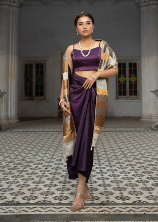Purple satin top, draped skirt and stole