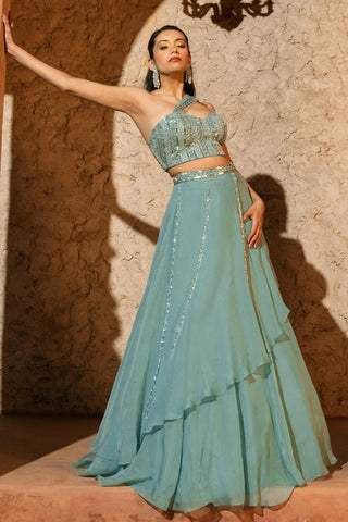 Corset Lehenga Set Indian Wedding Blue Zephyr Lehenga by Silky Bindra