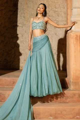 Cowl Lehenga Set Indian Wedding Blue Araxie Lehenga by Silky Bindra