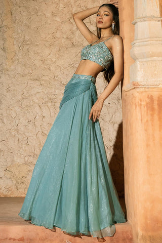 Cowl Lehenga Set Indian Wedding Blue Araxie Lehenga by Silky Bindra