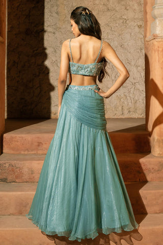 Cowl Lehenga Set Indian Wedding Blue Araxie Lehenga by Silky Bindra