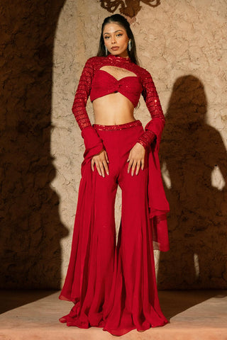 Flared Pant Set Contemporary Wear Red Eleni Pants by Silky Bindra