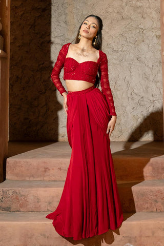 Corset Draped Skirt Set – Red Irina Corset – Silky Bindra