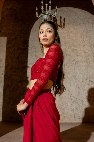 Corset Draped Skirt Set Contemporary Wear Red Irina Skirt by Silky Bindra