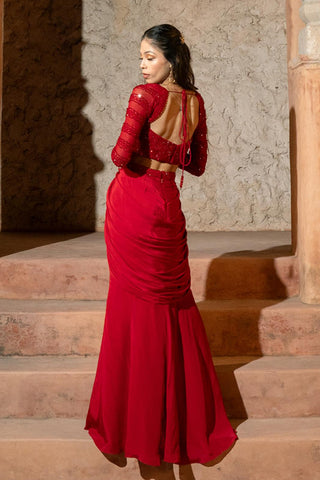 Corset Draped Skirt Set Contemporary Wear Red Irina Skirt by Silky Bindra