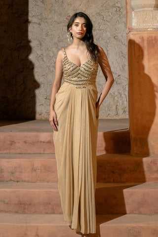 Draped Gown Contemporary Wear Beige Thiana Gown by Silky Bindra