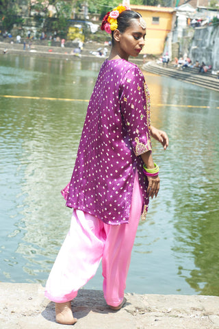 Royal purple bandhani silk hand embroidered kurta set