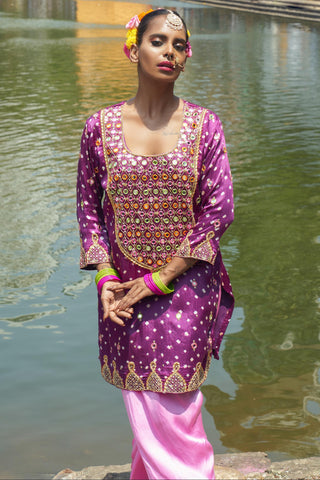 Royal purple bandhani silk hand embroidered kurta set