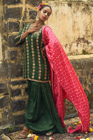 Emerald green silk features hand embroidered sharara set