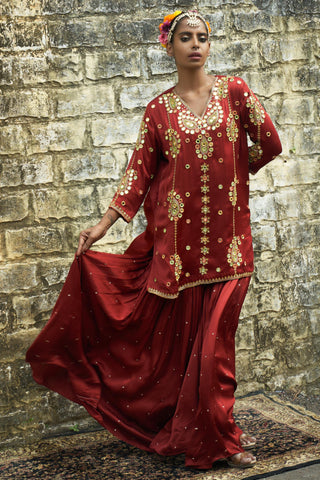 Rust color silk features sharara set