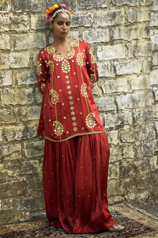 Rust color silk features sharara set