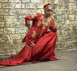 Rust color silk features sharara set