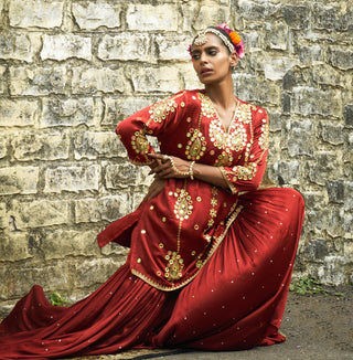 Rust color silk features sharara set