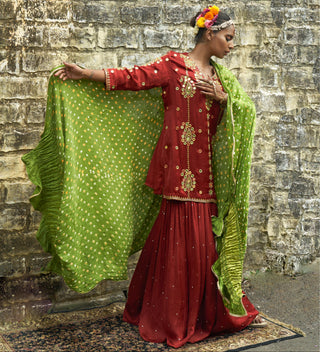 Rust color silk features sharara set