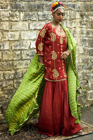 Rust color silk features sharara set