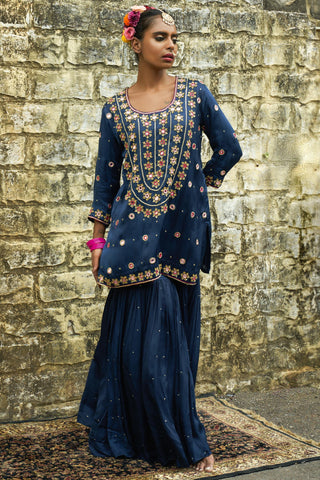 Sapphire blue silk features hand embroidered sharara set