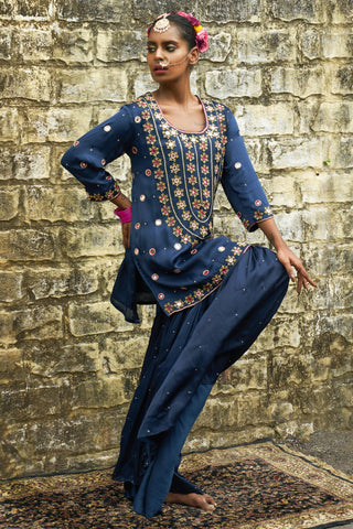 Sapphire blue silk features hand embroidered sharara set