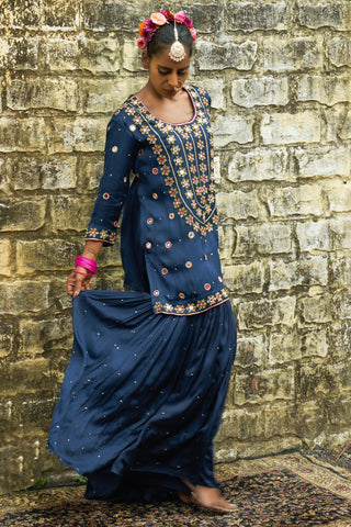 Sapphire blue silk features hand embroidered sharara set
