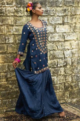 Sapphire blue silk features hand embroidered sharara set