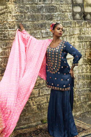 Sapphire blue silk features hand embroidered sharara set