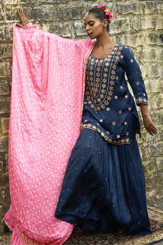 Sapphire blue silk features hand embroidered sharara set
