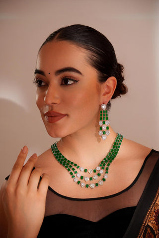 Necklace Set for Festive – Green Barsha Diamond Long Necklace Set by Zevar by Geeta