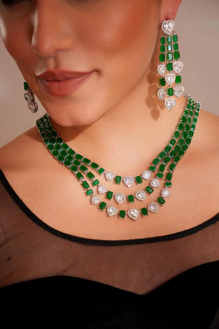 Necklace Set for Festive – Green Barsha Diamond Long Necklace Set by Zevar by Geeta