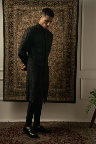 Black silk embroidery sherwani set