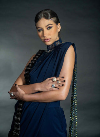 Midnight blue pant saree set