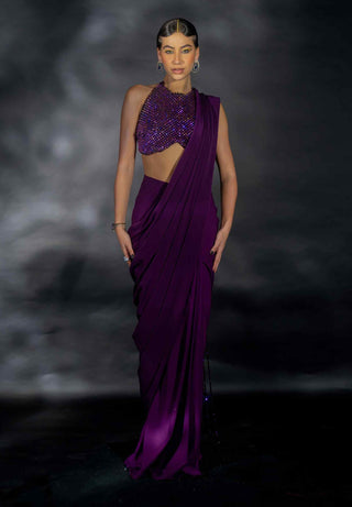 Purple beaded blouse and saree