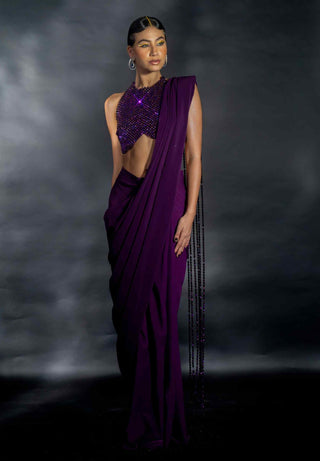 Purple beaded blouse and saree
