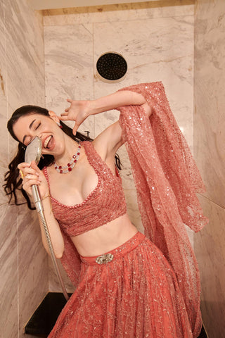 Orange embroidered hitch lehenga set