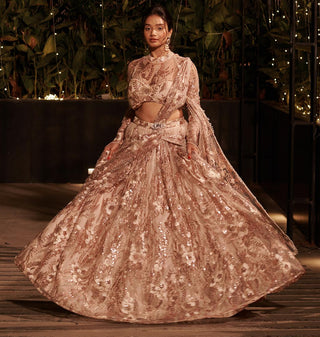 Beige embroidered hitch lehenga set with attached drape dupatta