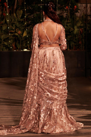 Beige embroidered hitch lehenga set with attached drape dupatta