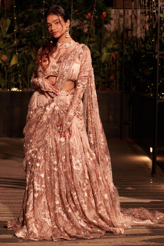 Beige embroidered hitch lehenga set with attached drape dupatta