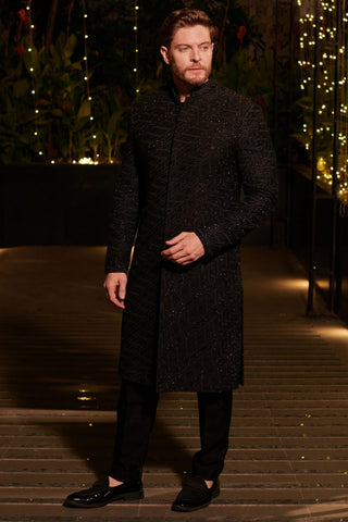 Black embroidered hitch bandhgala sherwani set