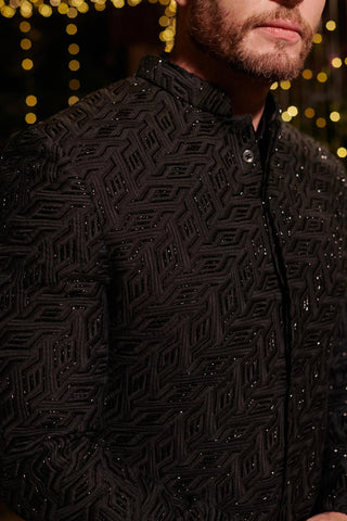 Black embroidered hitch bandhgala sherwani set