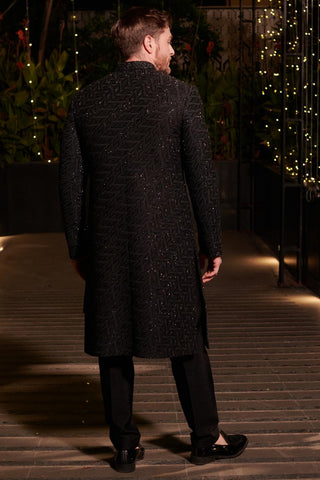 Black embroidered hitch bandhgala sherwani set