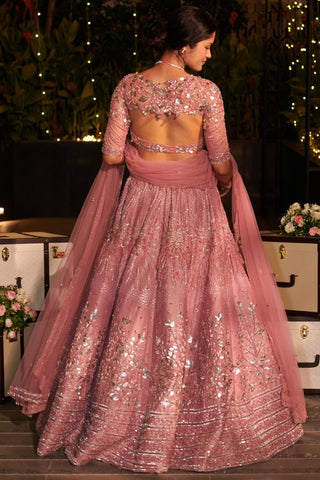 Pink embellished hitch lehenga set with sheer dupatta