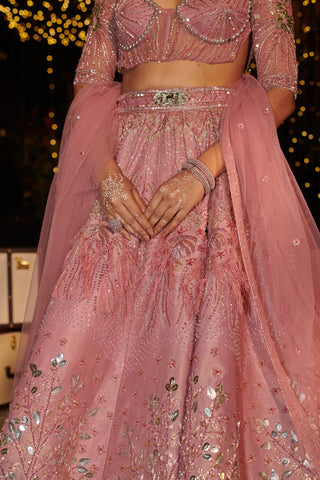 Pink embellished hitch lehenga set with sheer dupatta