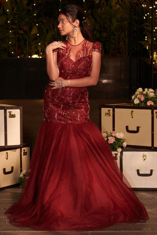 Midnight maroon embellished hitch mermaid gown