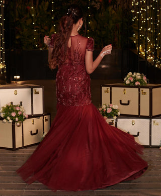 Midnight maroon embellished hitch mermaid gown