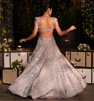 Ash grey embroidered habutai silk hitch lehenga set