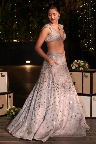 Ash grey embroidered habutai silk hitch lehenga set