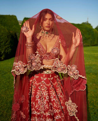 Red crimson motif lehenga set