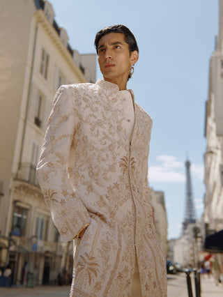 White and gold sherwani set