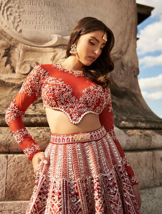 Red carnelian full sleeved lehenga set