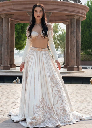 Pearl-fection white trail lehenga set